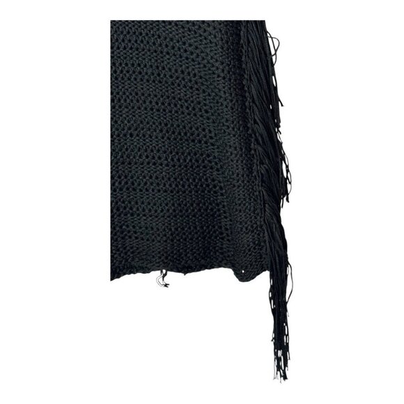Zara Sweater Women Small Black Open Knit‎ V Back Fringe Sides Short Sleeve Tunic - Picture 6 of 12